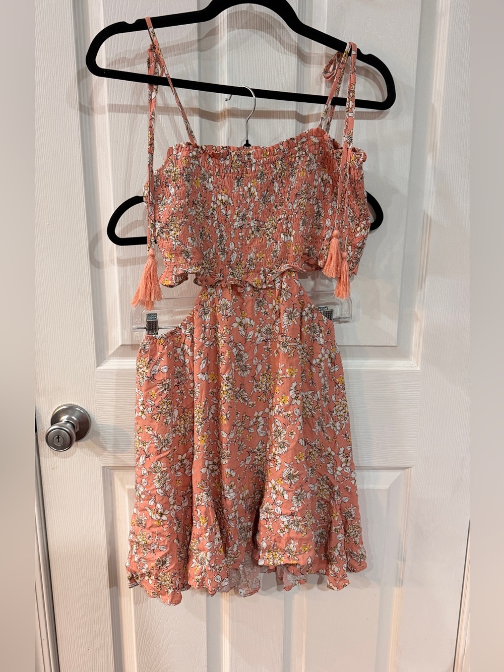 Coral Floral Smocked Cutout Mini Dress Boho Sundress Size Large